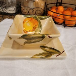 Pier 1 earthenware LEMON ORCHARD 11" Square  Plates and bowl set